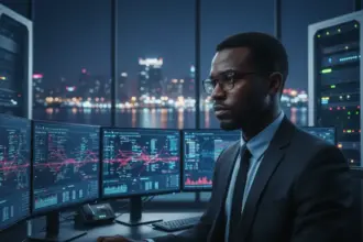 Google identifica e derruba grupo hacker em monitor com códigos binários e conexões de rede globais interrompidas.