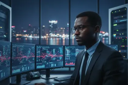 Google identifica e derruba grupo hacker em monitor com códigos binários e conexões de rede globais interrompidas.