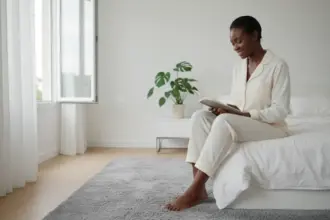 Pessoa vestindo pijama confortável na cama, ilustrando as recomendações de saúde sobre a higiene do pijama.