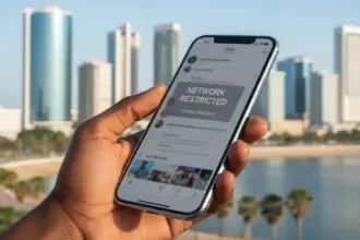 Smartphone com tela de bloqueio e bandeira de Angola sobre a Lei contra Informações Falsas na Internet.