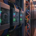 Logotipos da Meta e Google sobre circuitos eletrônicos, representando o uso de Meta chips de IA da Google.