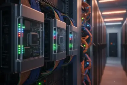 Logotipos da Meta e Google sobre circuitos eletrônicos, representando o uso de Meta chips de IA da Google.