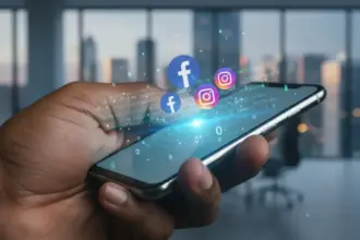 Logotipos do Facebook e Instagram com a bandeira europeia. Meta sob investigação urgente na UE devido ao uso de dados.