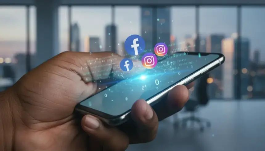 Logotipos do Facebook e Instagram com a bandeira europeia. Meta sob investigação urgente na UE devido ao uso de dados.