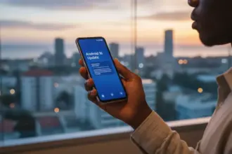 Smartphone Motorola Razr 2025 aberto com a interface do Android 16 e elementos gráficos de conexão global.