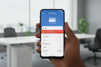 Celular com alerta de segurança da EMIS contra Multicaixa Express fraude e avisos sobre falsas atualizações do app.