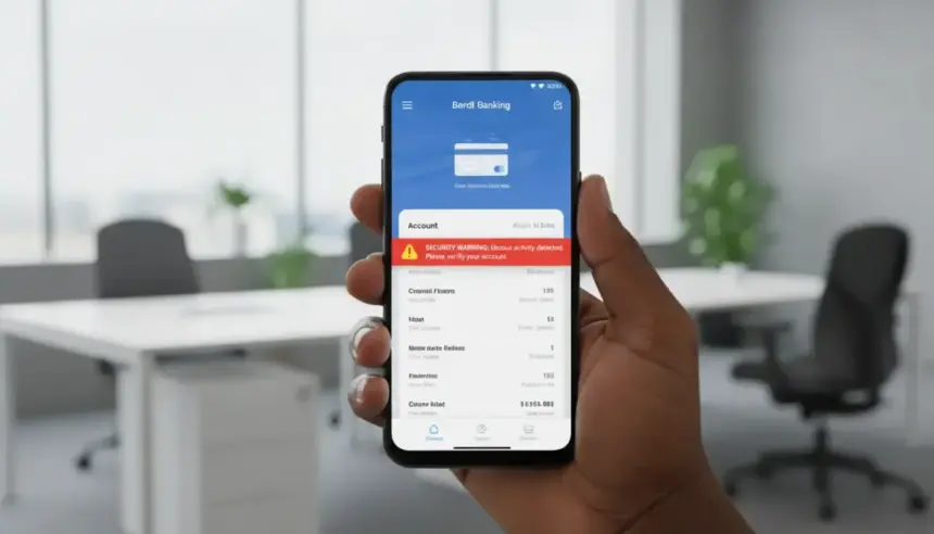 Celular com alerta de segurança da EMIS contra Multicaixa Express fraude e avisos sobre falsas atualizações do app.