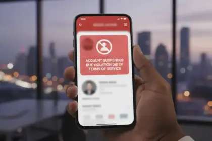 Smartphone exibe aviso de perfil bloqueado e selo de alerta conforme as novas regras das redes sociais de 2026.