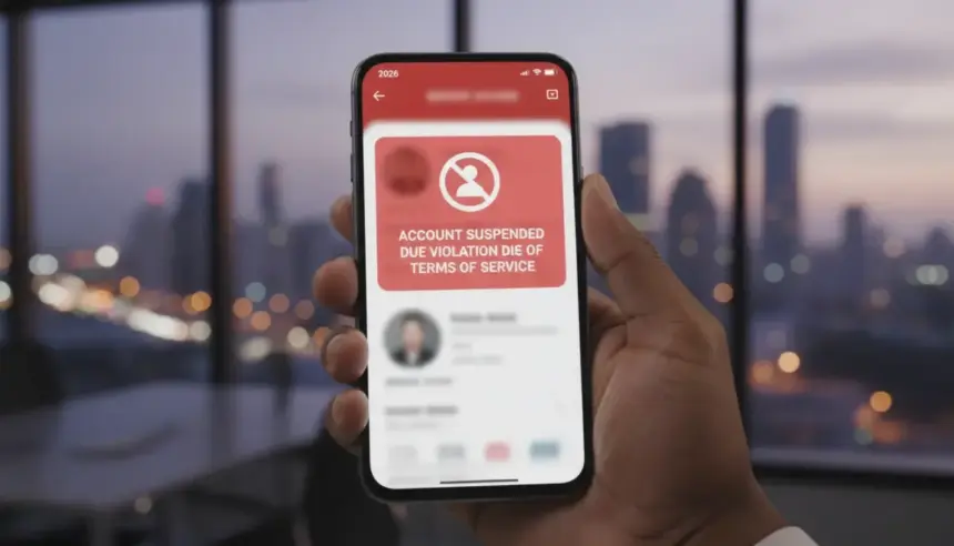 Smartphone exibe aviso de perfil bloqueado e selo de alerta conforme as novas regras das redes sociais de 2026.