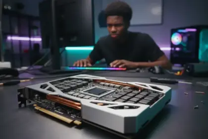 Placa de vídeo Nvidia com sinal de alerta sobre a suspensão de lançamentos de GPUs em 2026 por escassez de memória.