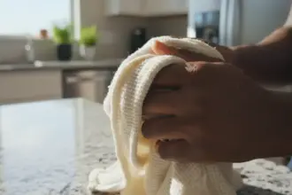 Mãos em pano de prato com microrganismos. Pare de secar as mãos no pano da loiça para evitar contaminação na cozinha.