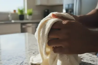 Mãos em pano de prato com microrganismos. Pare de secar as mãos no pano da loiça para evitar contaminação na cozinha.