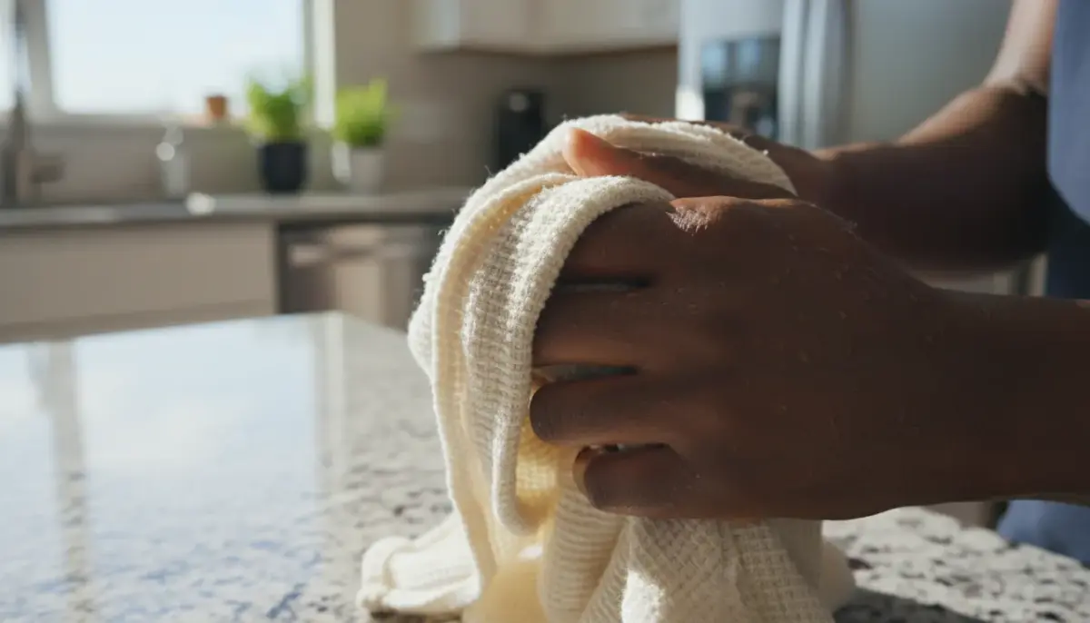 Mãos em pano de prato com microrganismos. Pare de secar as mãos no pano da loiça para evitar contaminação na cozinha.