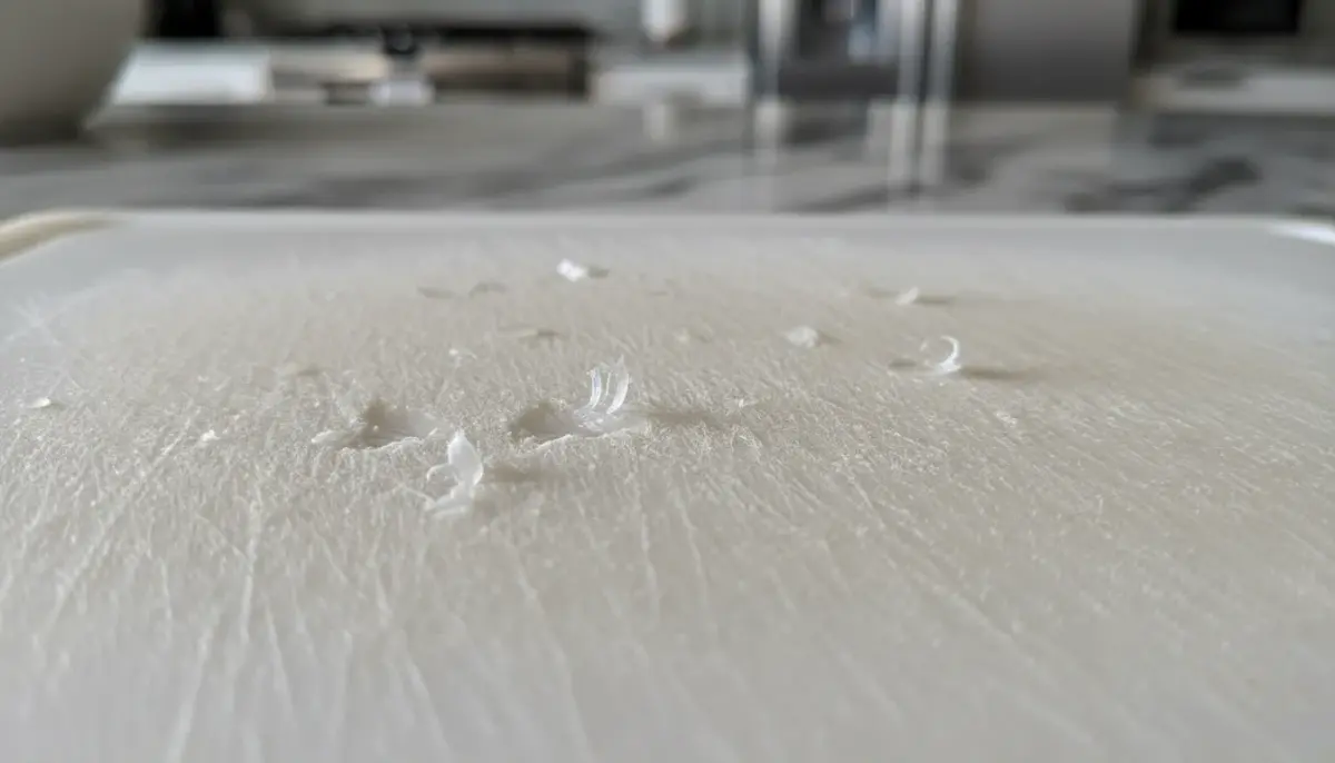 Tábua de corte sintética com ranhuras de uso. Pare de usar tábuas de plástico para evitar a ingestão de microplásticos.