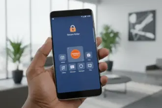 Smartphone Android exibindo o app Multicaixa Express protegido pela Pasta Segura ou Espaço Privado.