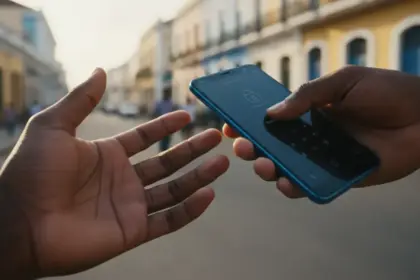 Smartphone bloqueando a tela após ser arrancado da mão do usuário, ativando a proteção contra roubo android.