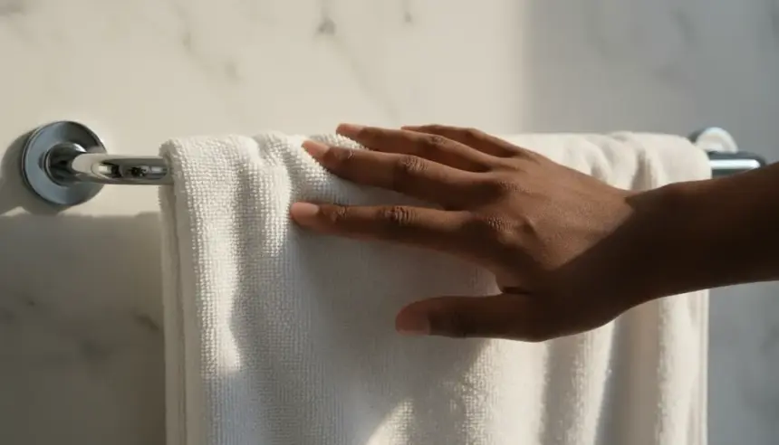 Pessoa segurando toalha no banheiro. Saiba quantos dias usa a mesma toalha de banho para evitar bactérias na pele.