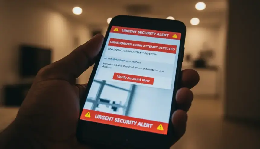 Aviso de segurança no e-mail do Facebook informando como recuperar conta facebook hackeada após alerta de risco.