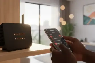 Roteador com luz de alerta e dispositivos desconhecidos conectados, causando lentidão na rede Wi Fi doméstica.