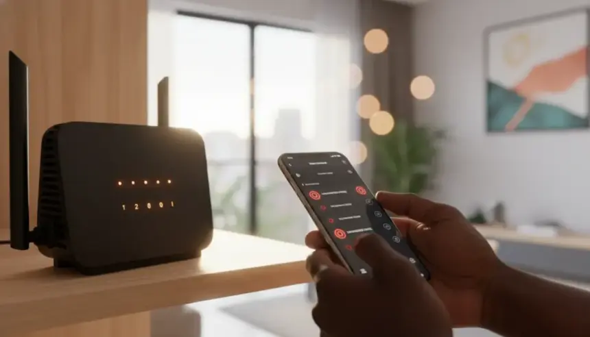 Roteador com luz de alerta e dispositivos desconhecidos conectados, causando lentidão na rede Wi Fi doméstica.