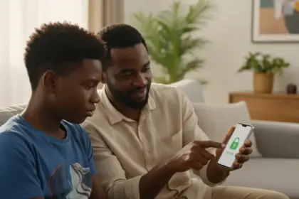 Celular com cadeado sobre ícones de apps: redes sociais bloqueadas a menores de 16 em Portugal exigem o sim dos pais.