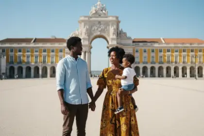 Bandeira de Portugal e passaportes ilustrando as novas regras imigração portugal 2026 para brasileiros e angolanos.