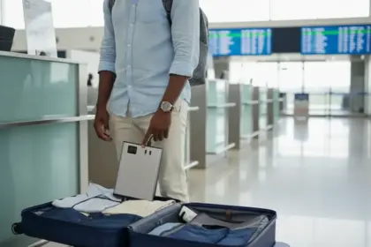 Carregador portátil fora da mala de despacho conforme as regras powerbank avião 2026 de segurança no aeroporto.