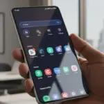Smartphone Samsung Galaxy S26 Finder com interface de pesquisa avançada e design elegante em tela infinita.