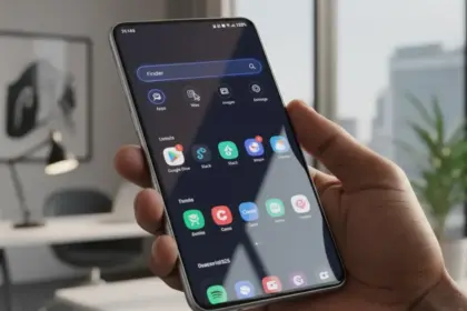 Smartphone Samsung Galaxy S26 Finder com interface de pesquisa avançada e design elegante em tela infinita.