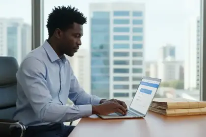 Tablet exibe interface de cadastro da Segurança Social Angola sobre mesa, simbolizando o fim do uso de papel.