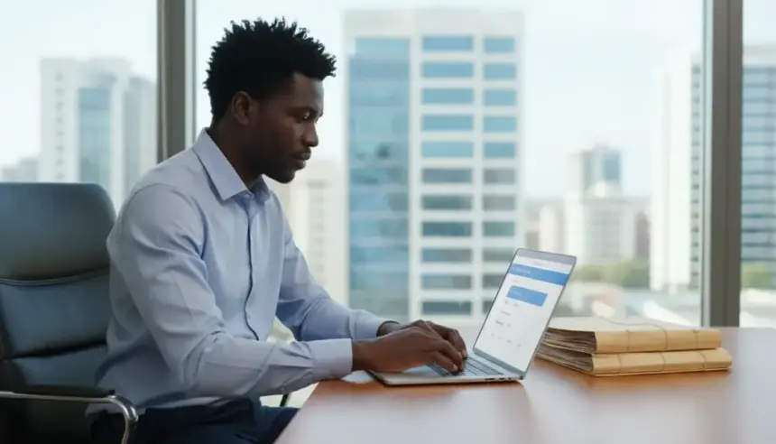 Tablet exibe interface de cadastro da Segurança Social Angola sobre mesa, simbolizando o fim do uso de papel.