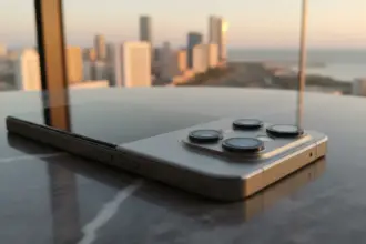 Smartphone premium sobre fundo financeiro exibindo a alta dos telemóveis preços em 2026 e o fim dos modelos baratos.