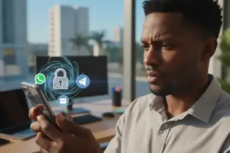 Interface do WhatsApp integrada a outros chats com um ícone de alerta destacado sobre riscos de segurança.