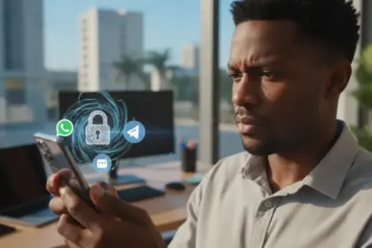 Interface do WhatsApp integrada a outros chats com um ícone de alerta destacado sobre riscos de segurança.