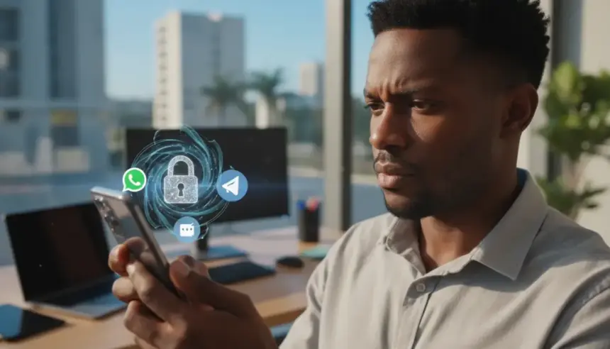 Interface do WhatsApp integrada a outros chats com um ícone de alerta destacado sobre riscos de segurança.