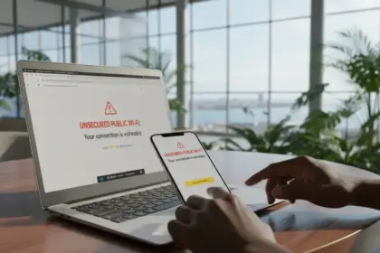 Pessoa em café usando notebook vulnerável ao se conectar em um Wi Fi público perigoso que expõe dados pessoais.
