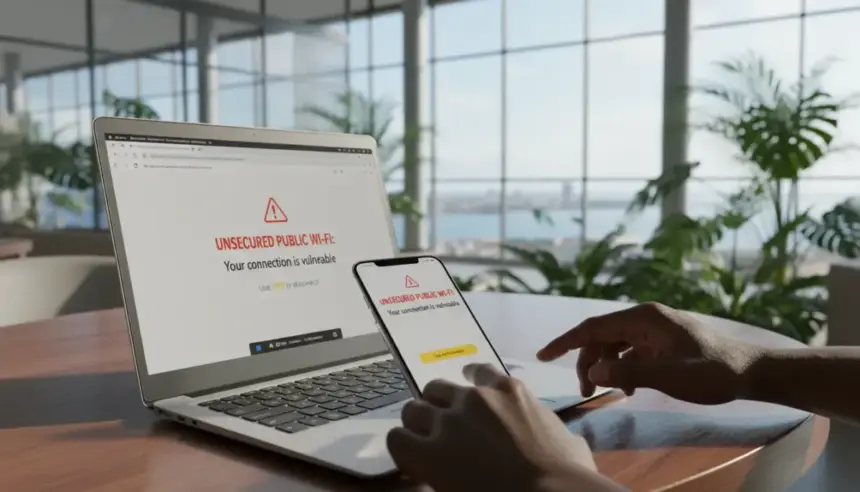 Pessoa em café usando notebook vulnerável ao se conectar em um Wi Fi público perigoso que expõe dados pessoais.