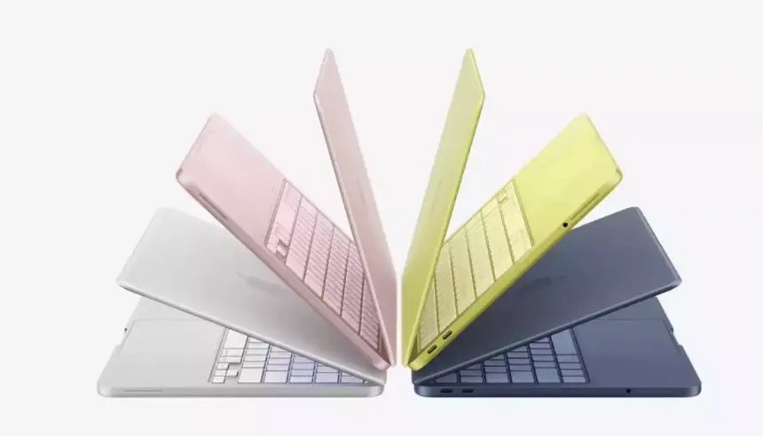 MacBook Neo com design futurista ultrafino, tela de bordas infinitas e acabamento metálico em ambiente moderno.
