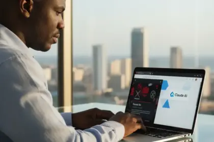 Usuários em massa abandonam ChatGPT e caminham rumo ao logotipo do Claude em um cenário tecnológico.