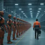 Braço robótico inativo em centro de distribuição; Amazon corta empregos na robótica em reestruturação do setor.