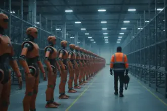 Braço robótico inativo em centro de distribuição; Amazon corta empregos na robótica em reestruturação do setor.