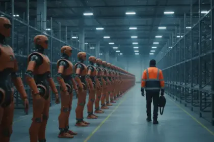 Braço robótico inativo em centro de distribuição; Amazon corta empregos na robótica em reestruturação do setor.