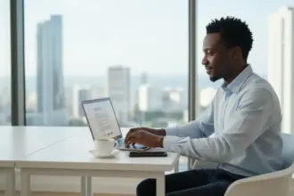 Pessoa usando notebook para solicitar a Certidão de Não Devedor agt online e evitar filas no serviço presencial.