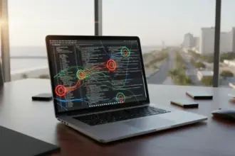 IA da OpenAI analisando código. O sistema Codex Security identifica e corrige falhas de programação automaticamente.