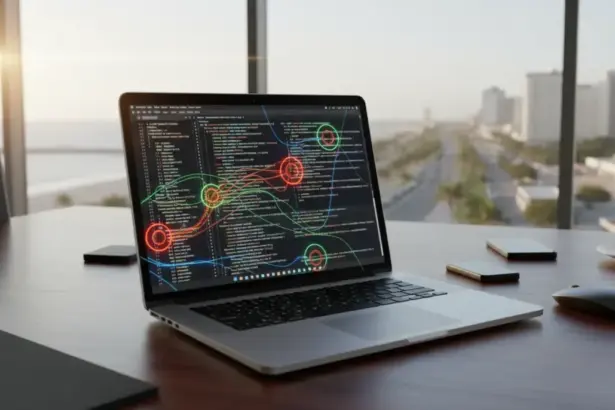 IA da OpenAI analisando código. O sistema Codex Security identifica e corrige falhas de programação automaticamente.