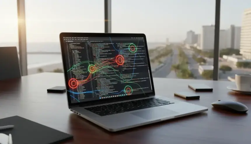 IA da OpenAI analisando código. O sistema Codex Security identifica e corrige falhas de programação automaticamente.