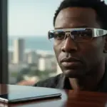 Óculos inteligentes com IA da Samsung de design moderno conectados a um celular para processamento de dados.