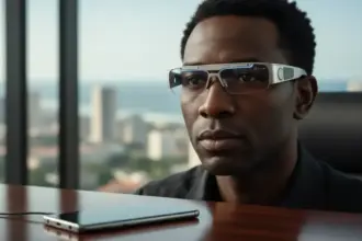 Óculos inteligentes com IA da Samsung de design moderno conectados a um celular para processamento de dados.