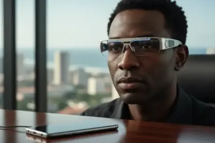 Óculos inteligentes com IA da Samsung de design moderno conectados a um celular para processamento de dados.