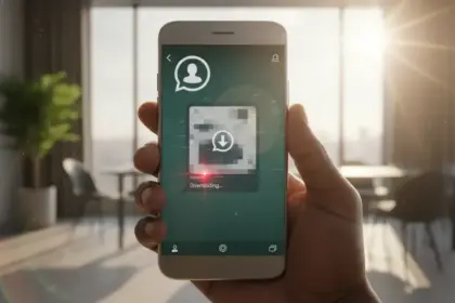 Celular com logo do WhatsApp mostrando que uma fotografia pode infetar o telemóvel e expor dados bancários sensíveis.